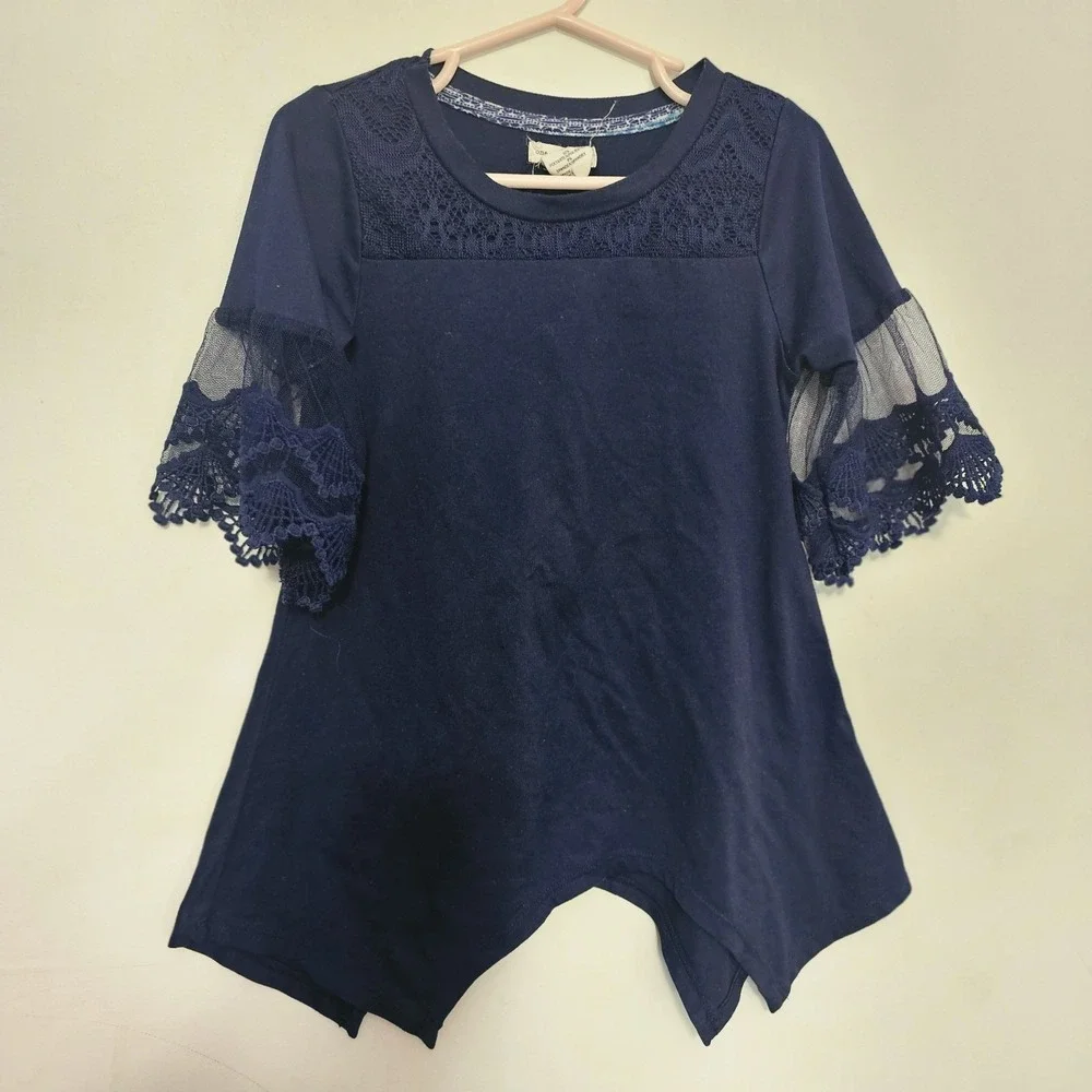 One Step Up Girl's Blue Dress 4T Assymmetric Hem Sheer Sleeve‎